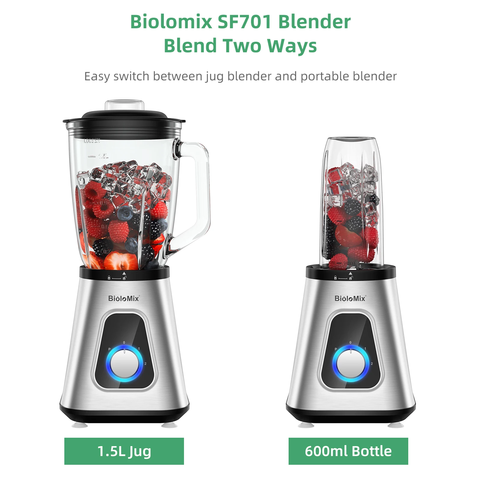 ミキサー　Biolomix 1300wスージーブレンダー、1.5lガラスジャー 1300W Smoothie Blender with 1.5L Glass Jar - Biolomix