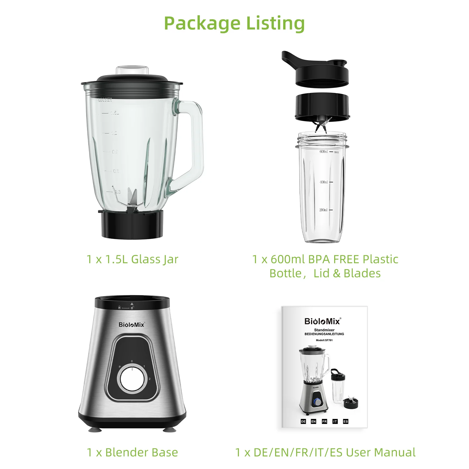 Blender Smoothie 1300W 1300wスージーブレンダー、1.5lガラスジャー ミキサー　Biolomix with Biolomix - Jar Glass 1.5L キッチン家電
