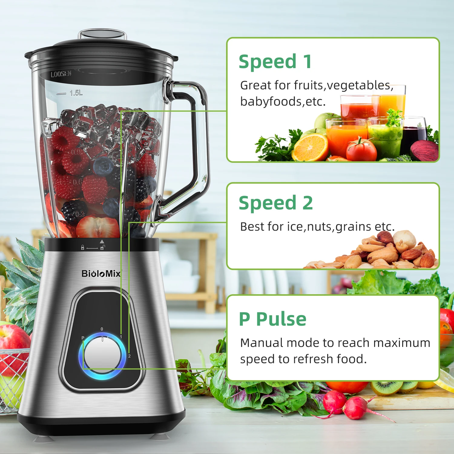 1300W Smoothie Blender with 1.5L Glass Jar - Biolomix